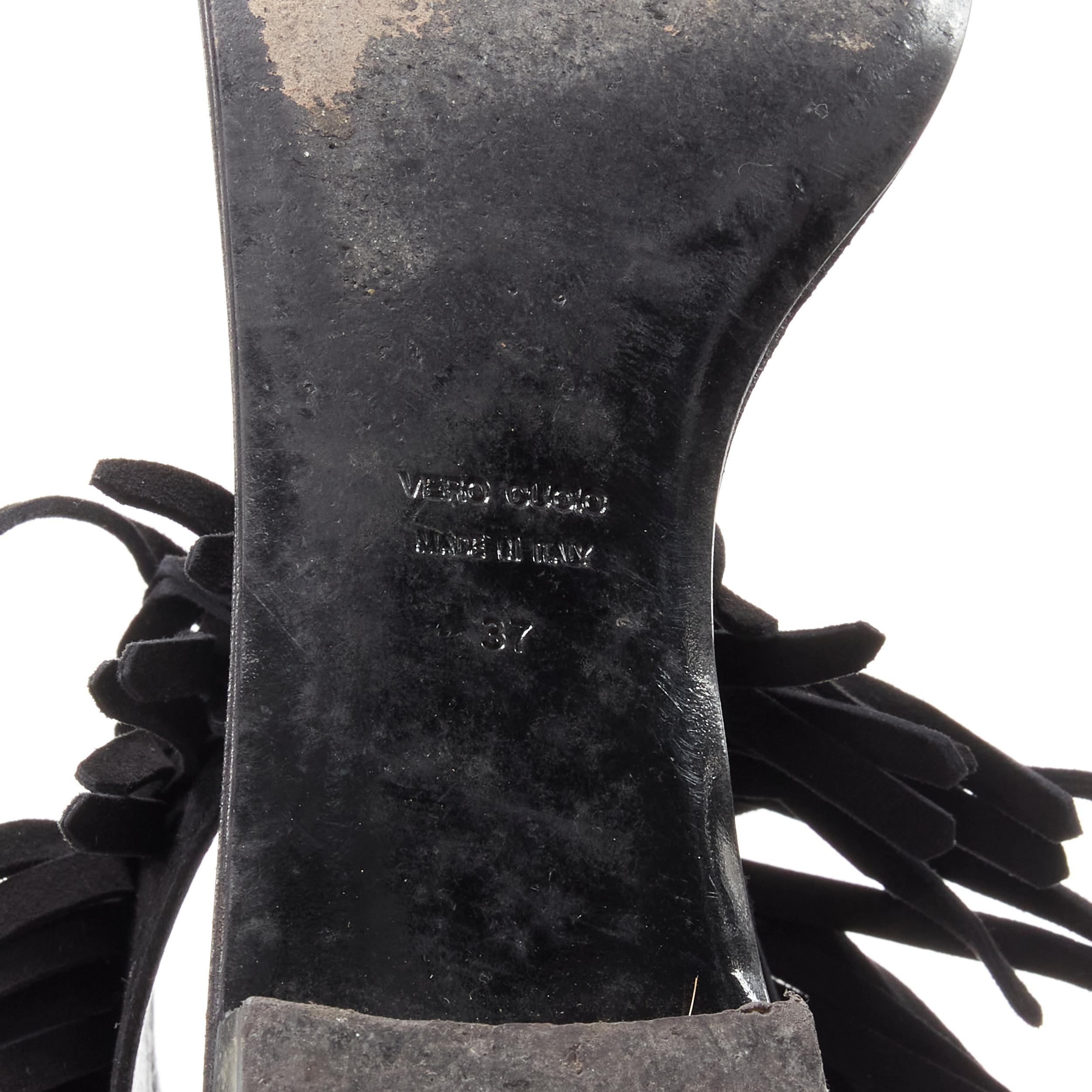 GIUSEPPE ZANOTTI BALMAIN black suede fringe T-strap open toe flat sandals EU37 For Sale 4