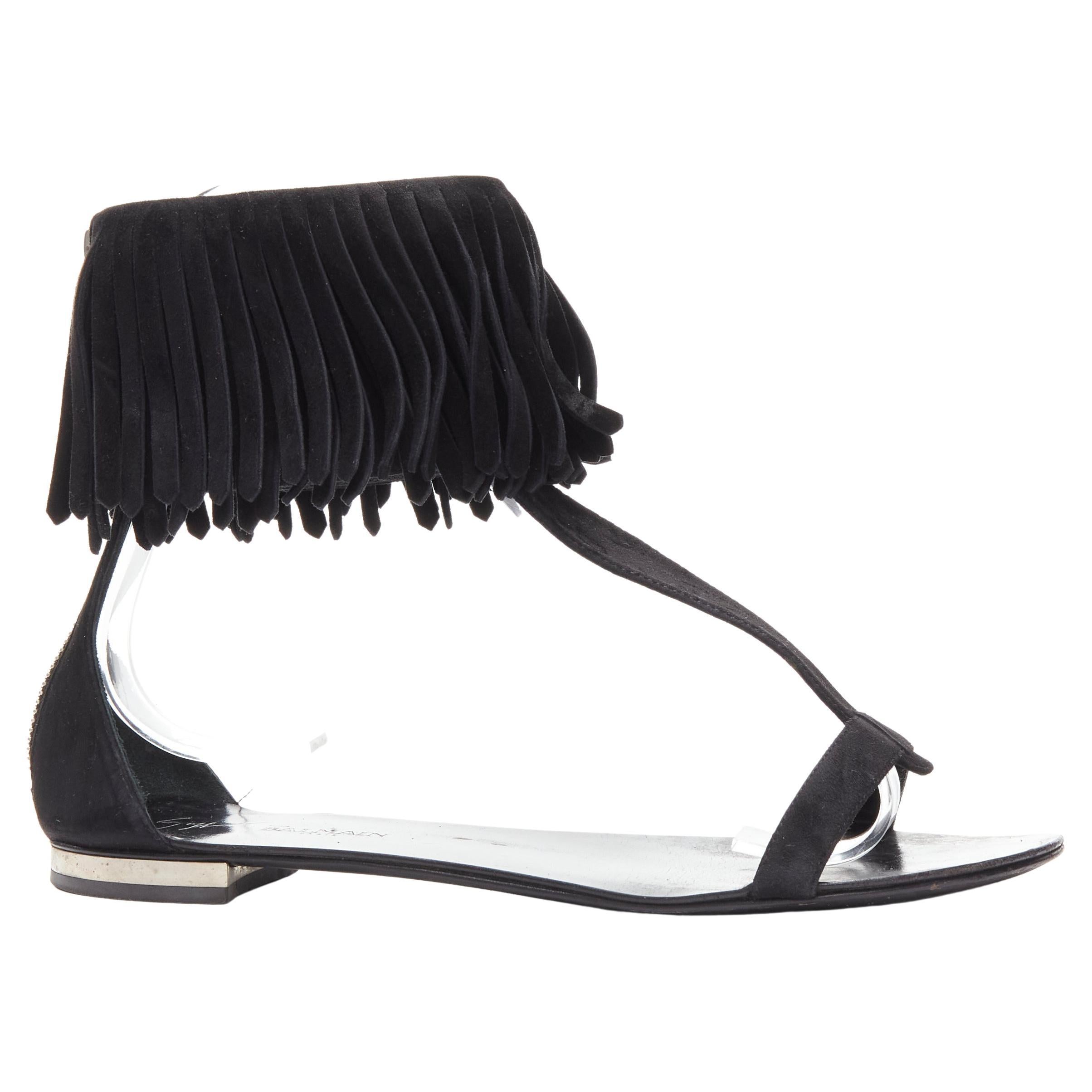 GIUSEPPE ZANOTTI BALMAIN black suede fringe T-strap open toe flat sandals  EU37 For Sale at 1stDibs