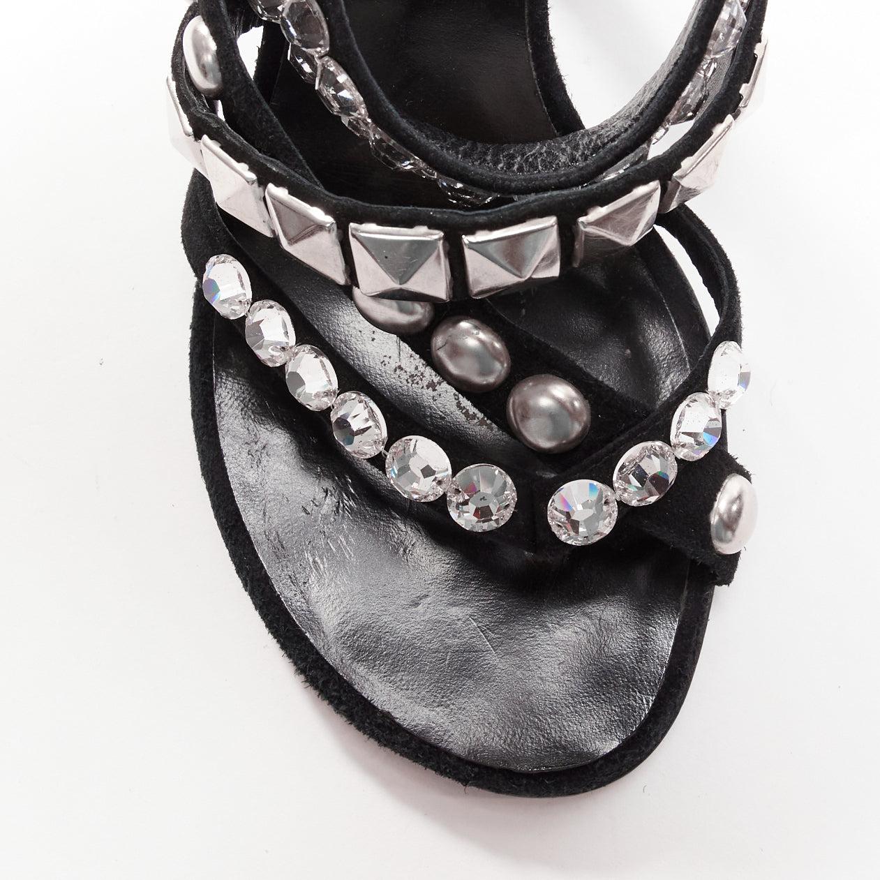 GIUSEPPE ZANOTTI BALMAIN Glam Rock crystal stud black suede strappy heel EU37.5 1