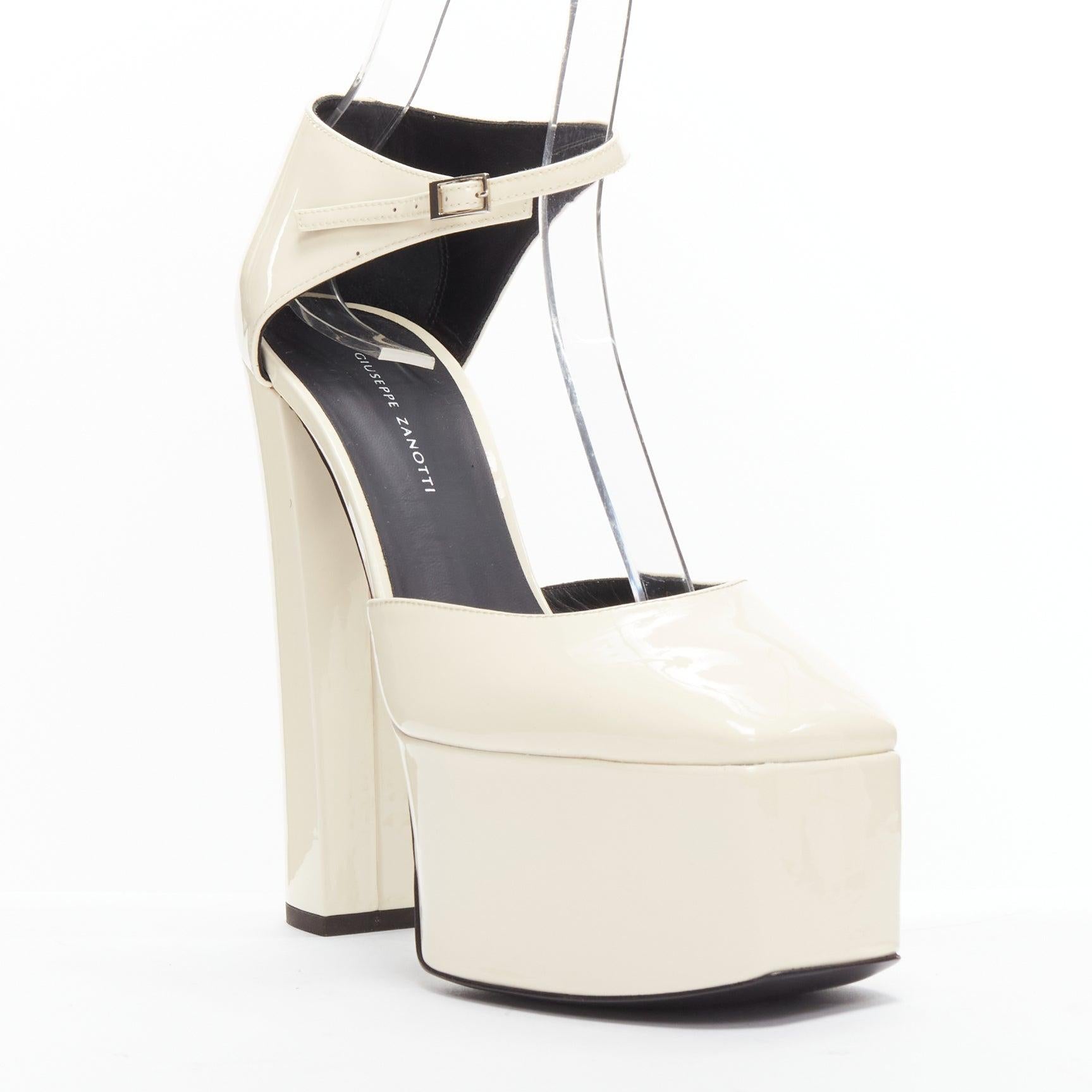 GIUSEPPE ZANOTTI Bebe cream patent leather platform heels EU39
Reference: BSHW/A00145
Brand: Giuseppe Zanotti
Model: Bebe
Material: Leather
Color: Cream
Pattern: Solid
Closure: Buckle
Lining: Black Leather
Extra Details: Chunky heels.
Made in: