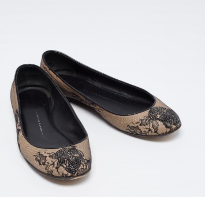 Giuseppe Zanotti Beige/Nero con rete e pelle impreziosita Ballerine Taglia 37 in vendita 2