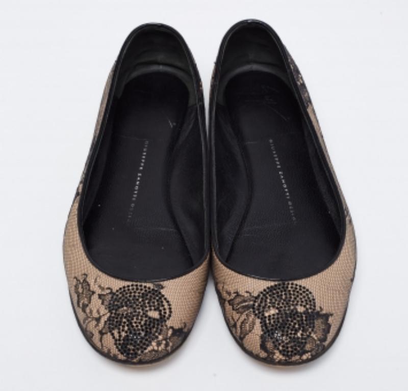 Giuseppe Zanotti Beige/Nero con rete e pelle impreziosita Ballerine Taglia 37 in vendita 3