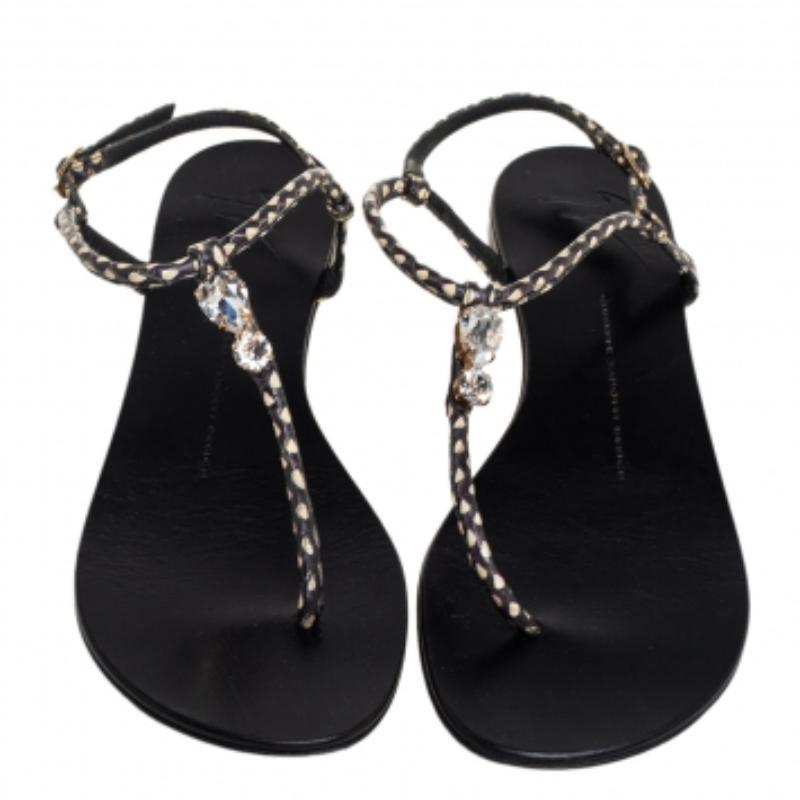 Black Giuseppe Zanotti Beige/Brown Python Embossed Leather T Strip Sandals Size 38.5 For Sale