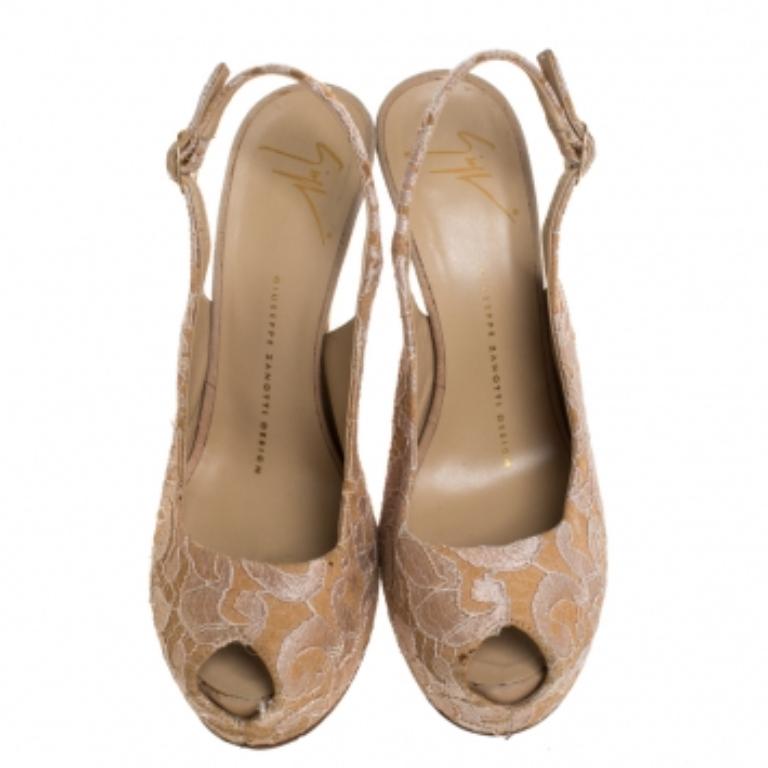 Donna Giuseppe Zanotti Beige Lace Peep Toe Slingback Sandals Size 37 in vendita