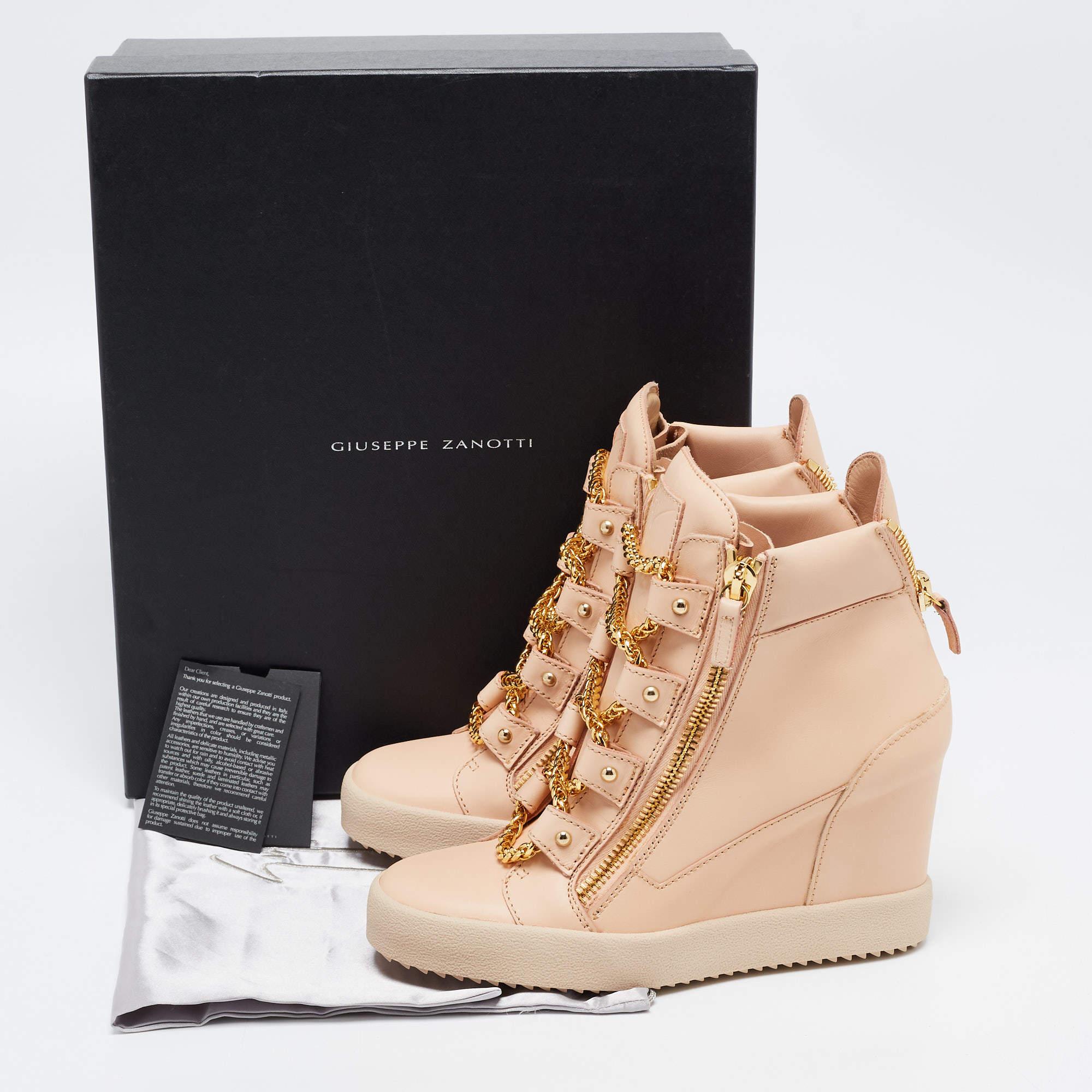 Giuseppe Zanotti Beige Leather Chain Detail High Top Wedge Sneakers Size 41 3