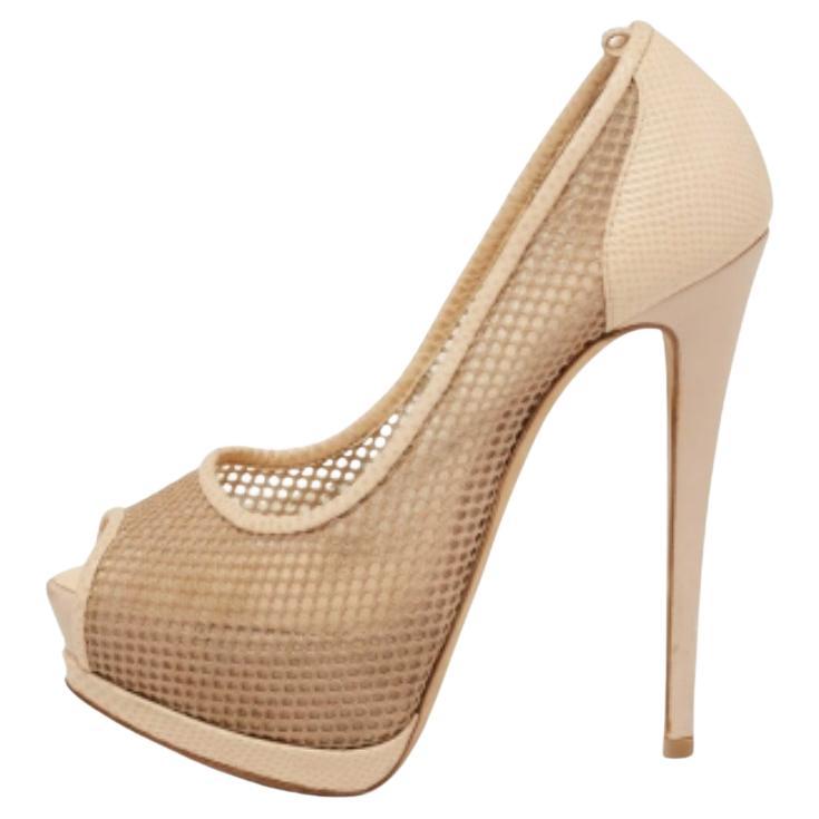 Giuseppe Zanotti Beige Mesh and Lizard Embossed Leather Peep-Toe Pumps Size 37.5 For Sale