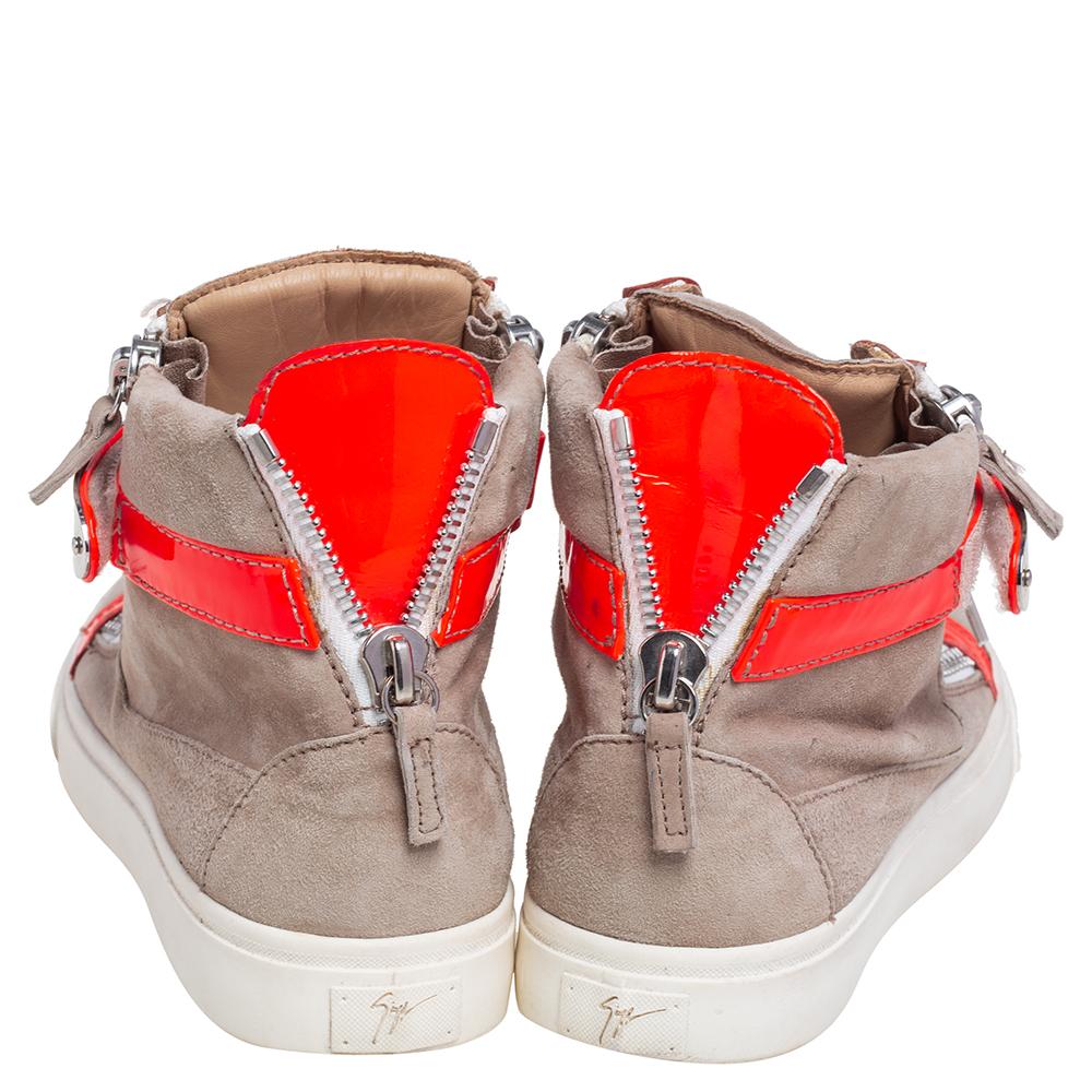 Beige/Neon Orangefarbenes Lackleder und Wildleder Double Bar High Top von Giuseppe Zanotti 1