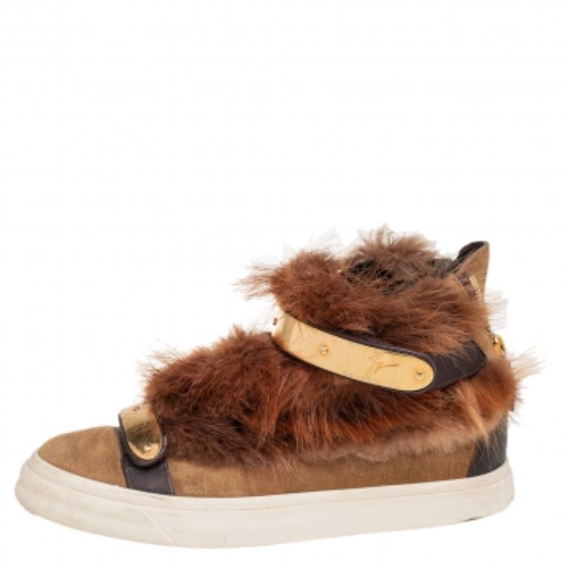 Giuseppe Zanotti Beige Suede And Fur Trim High Top Sneakers Size 38 In Good Condition For Sale In Dubai, Al Qouz 2