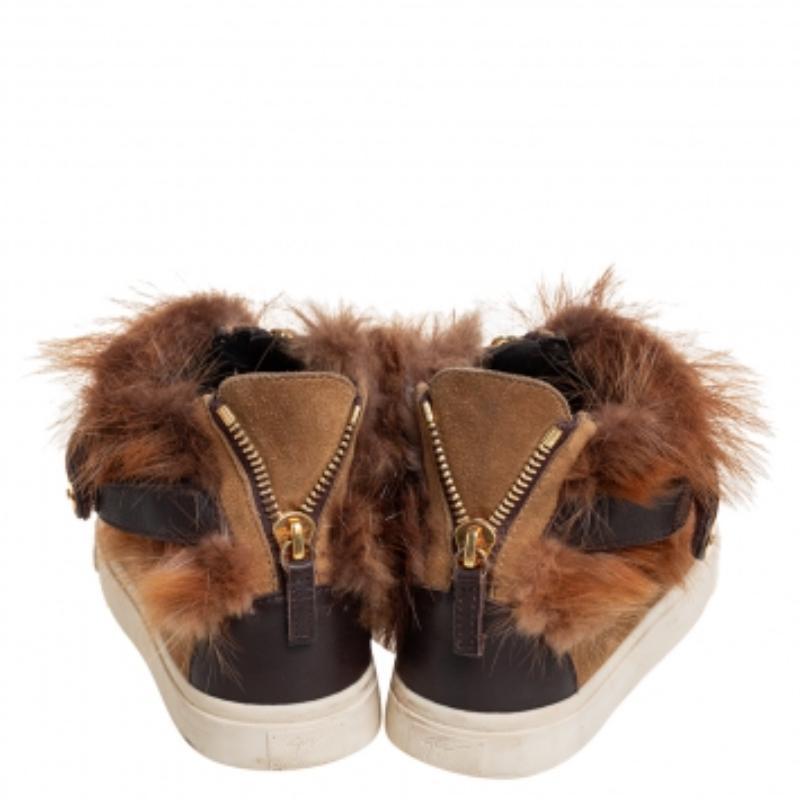 Women's Giuseppe Zanotti Beige Suede And Fur Trim High Top Sneakers Size 38 For Sale