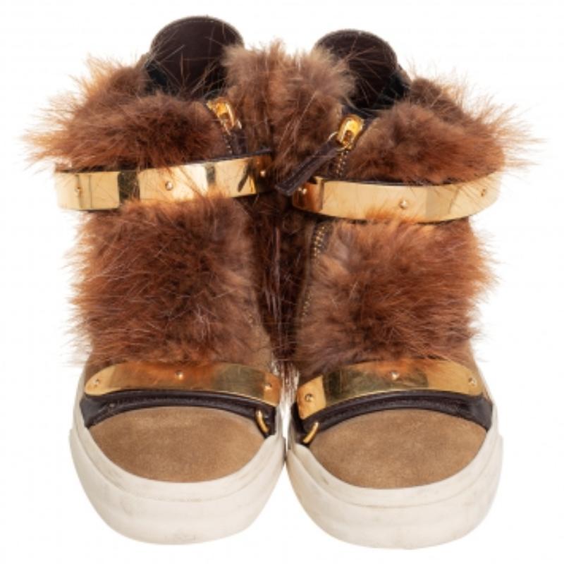 Giuseppe Zanotti Beige Suede And Fur Trim High Top Sneakers Size 38 For Sale 1
