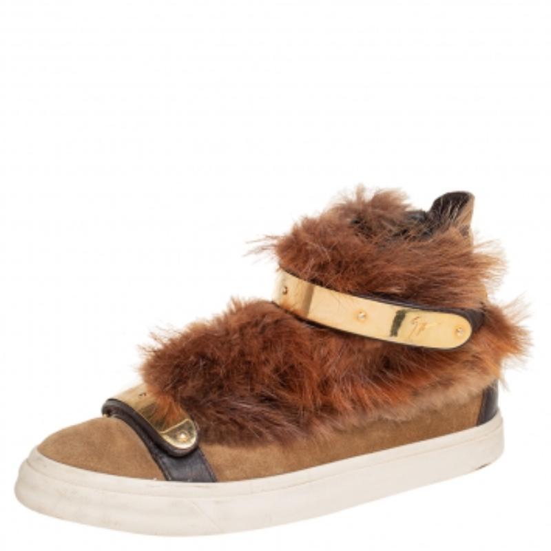 Giuseppe Zanotti Beige Suede And Fur Trim High Top Sneakers Size 38 For Sale