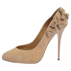 Giuseppe Zanotti Beige Suede Crystal Embellished Bow Pumps Size 39