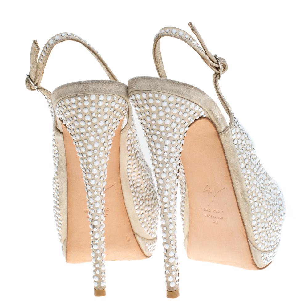 Women's Giuseppe Zanotti Beige Suede Crystal Peep Toe Slingback Sandals Size 40 For Sale