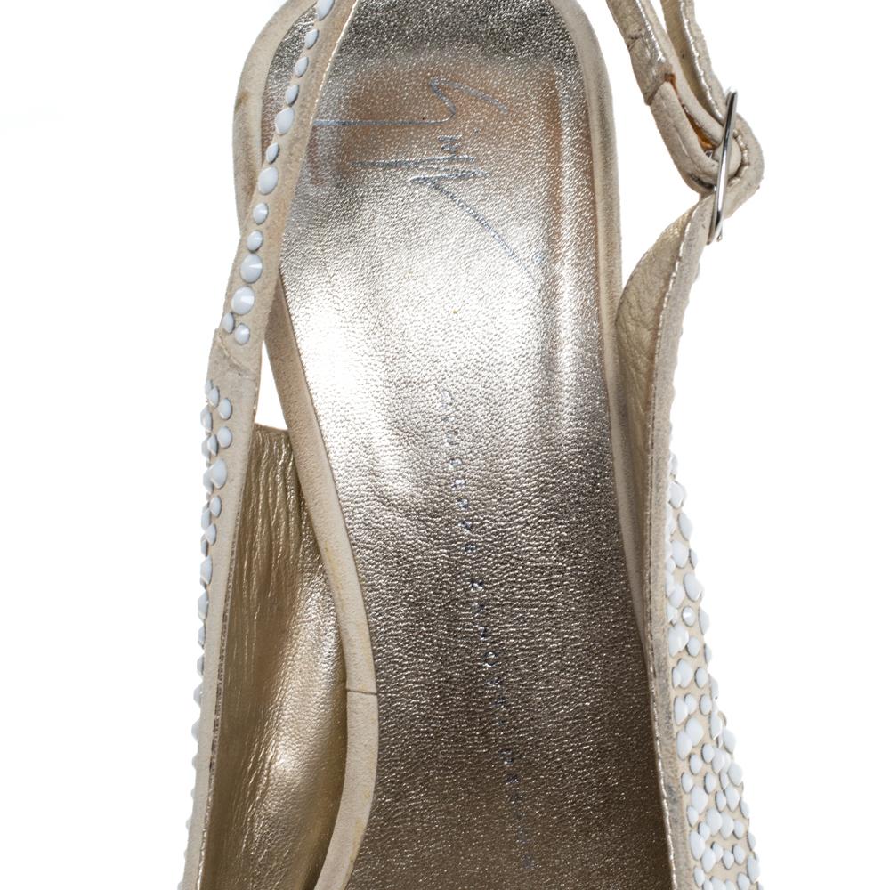 Giuseppe Zanotti Beige Suede Crystal Peep Toe Slingback Sandals Size 40 For Sale 2