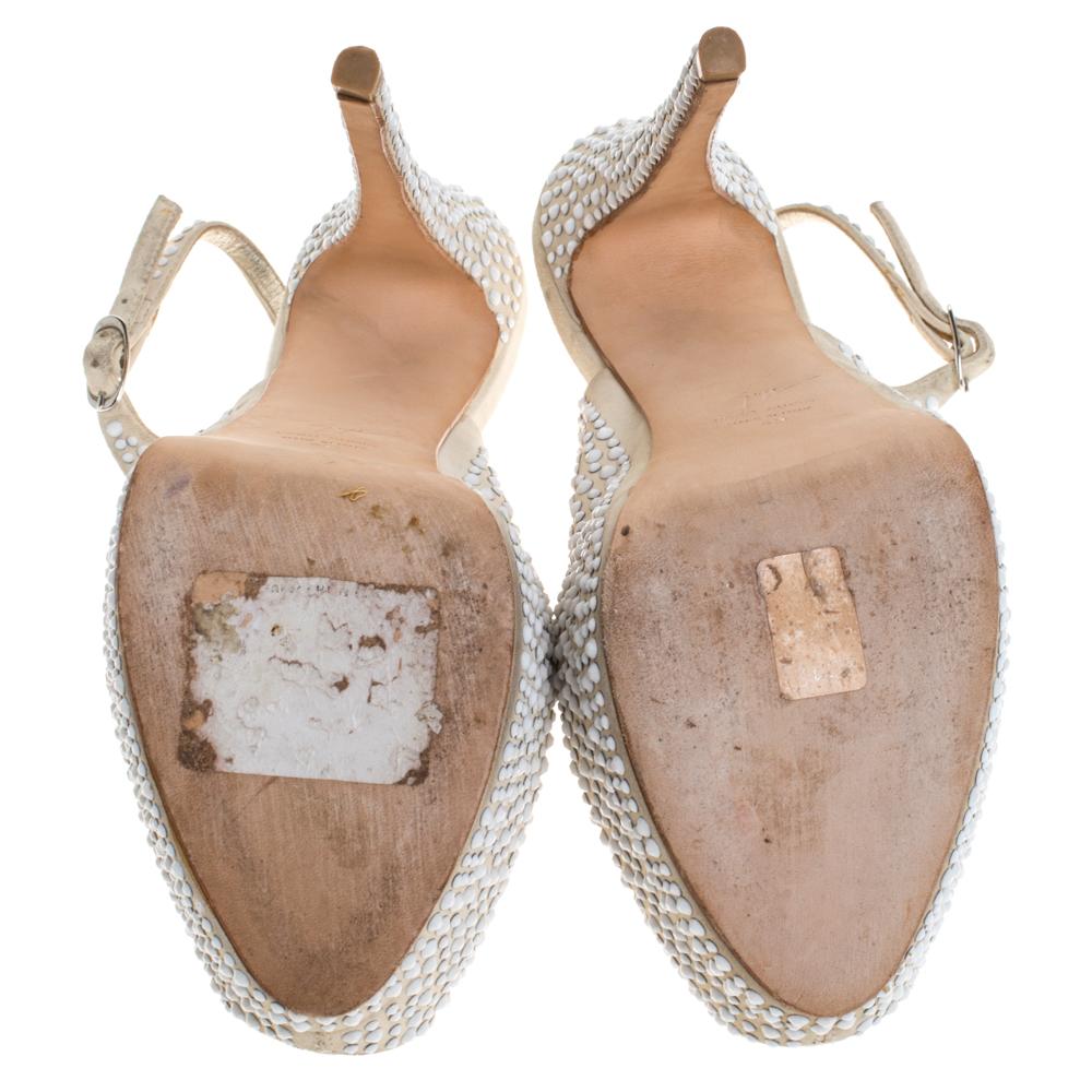 Giuseppe Zanotti Beige Suede Crystal Peep Toe Slingback Sandals Size 40 For Sale 3