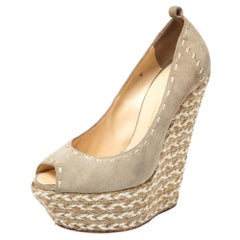 Giuseppe Zanotti Beige Suede Leather Peep Toe Wedge Platform Pumps Size 38.5