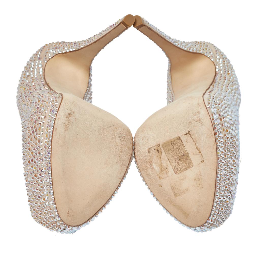 Women's Giuseppe Zanotti Beige Suede Liza Crystal Embellished Peep Toe Pumps Size 35