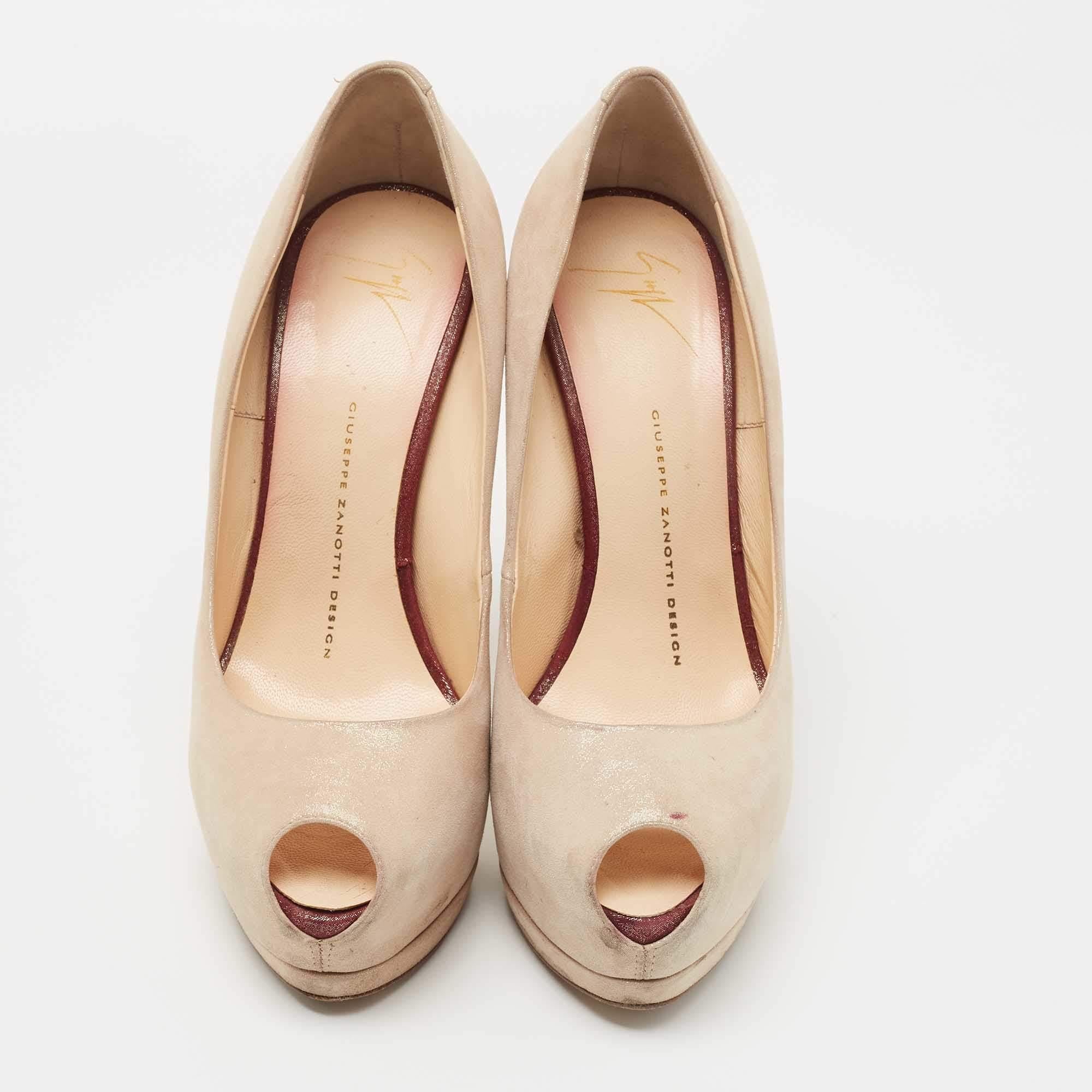 Giuseppe Zanotti Beige Suede Sharon Peep Toe Platform Pumps Size 38 In Good Condition In Dubai, Al Qouz 2