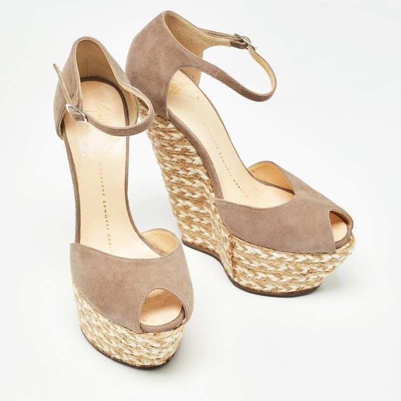 Women's Giuseppe Zanotti Beige Suede Wedges Peep Toe Espadrille Size 36