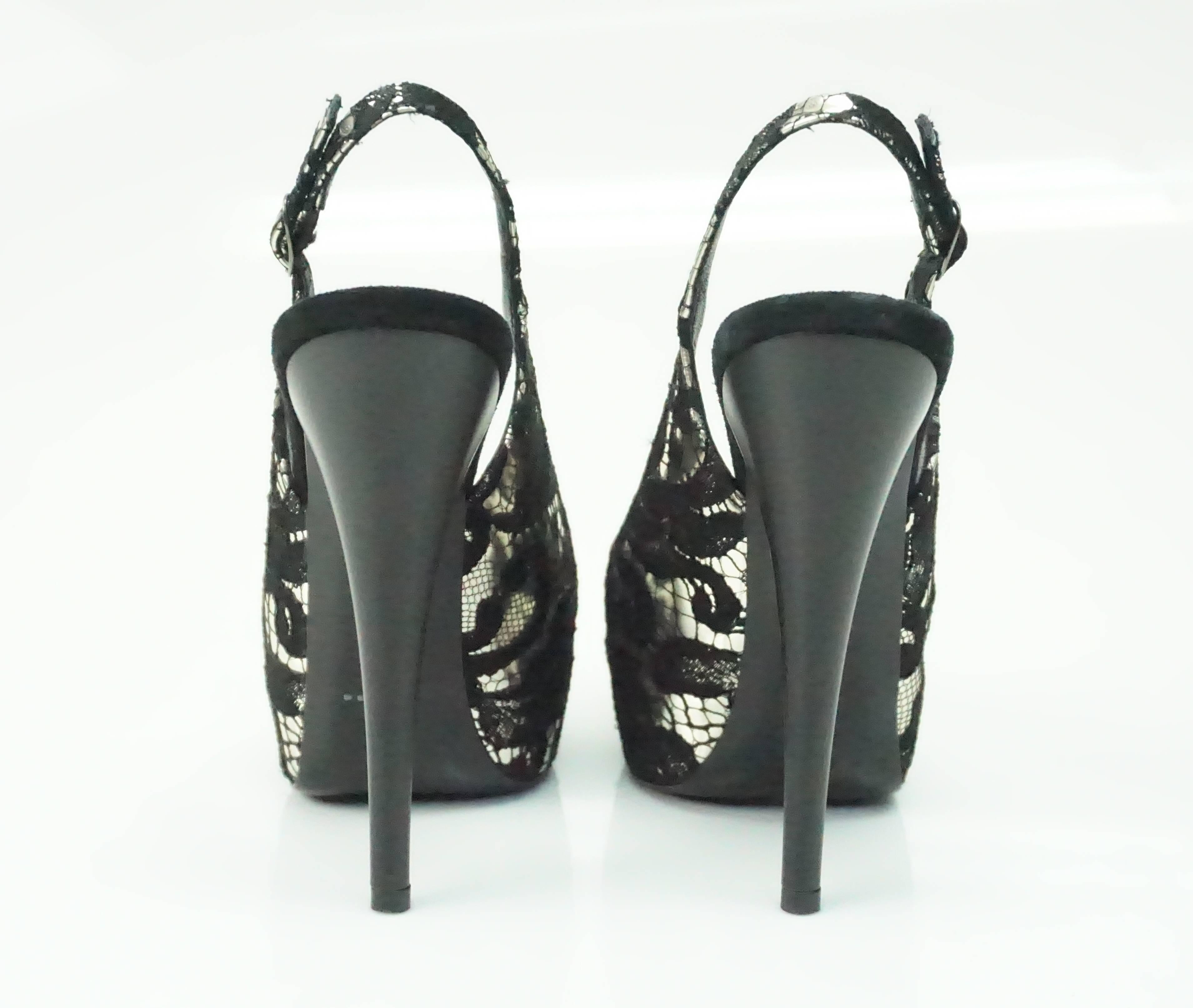  Giuseppe Zanotti Black and Brushed Gold Leather and Lace Slingback Pumps - 36.5 In Excellent Condition In West Palm Beach, FL