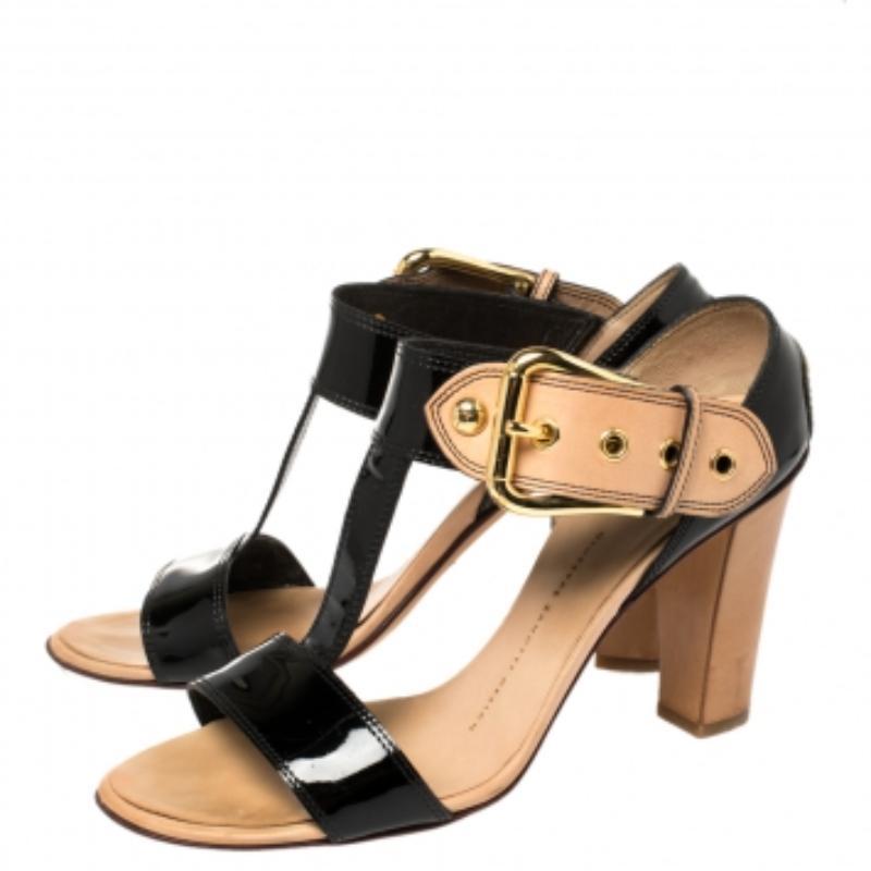 Giuseppe Zanotti Black/ Beige Patent Leather T Strap Ankle Strap Sandals Size 38 For Sale 1