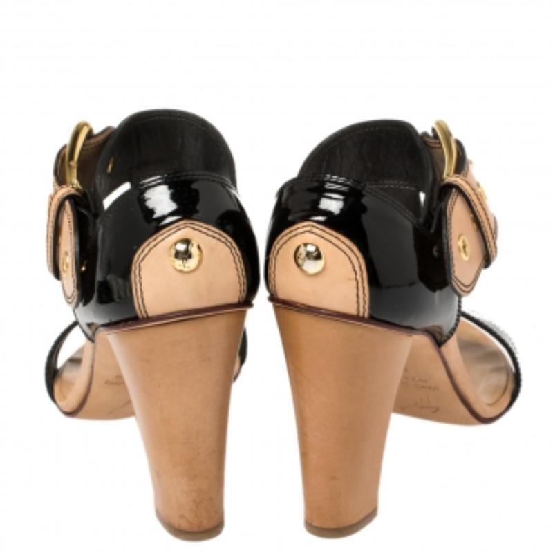 Giuseppe Zanotti Black/ Beige Patent Leather T Strap Ankle Strap Sandals Size 38 For Sale 4
