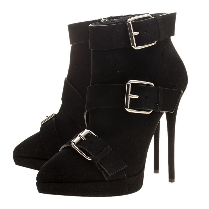 Women's Giuseppe Zanotti Black Buckled Suede Platform Ankle Boots Size 38.5