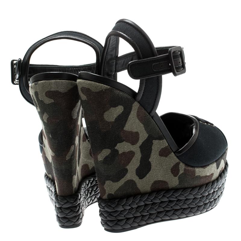 Women's Giuseppe Zanotti Black Canvas And Leather Camouflage Wedge Sandals Size 40