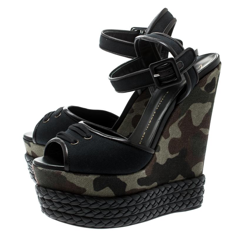 Giuseppe Zanotti Black Canvas And Leather Camouflage Wedge Sandals Size 40 1