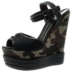 Giuseppe Zanotti Black Canvas And Leather Camouflage Wedge Sandals Size 40
