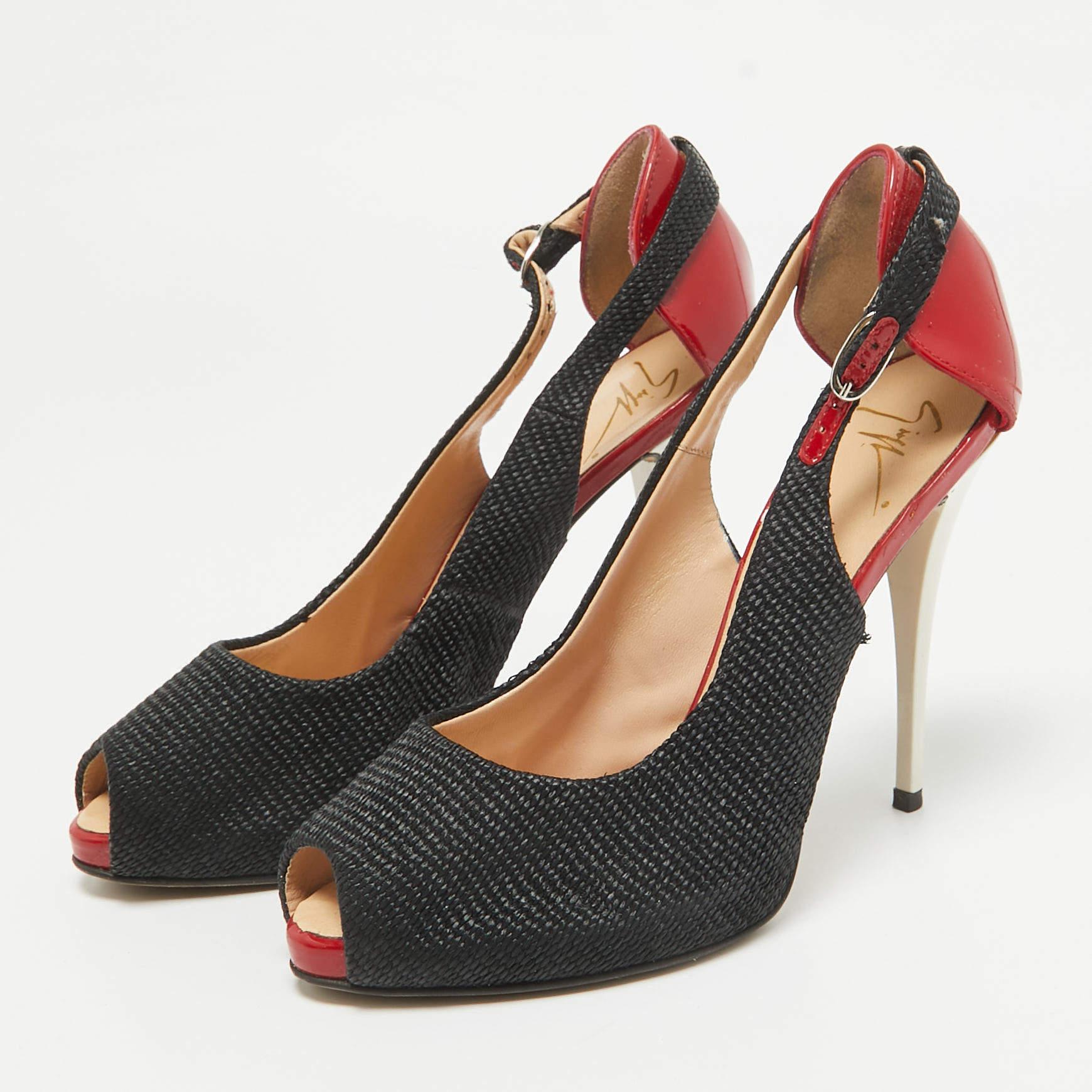 Giuseppe Zanotti Schwarze Peep Toe Pumps aus Segeltuch und Lackleder Größe 36 Damen im Angebot
