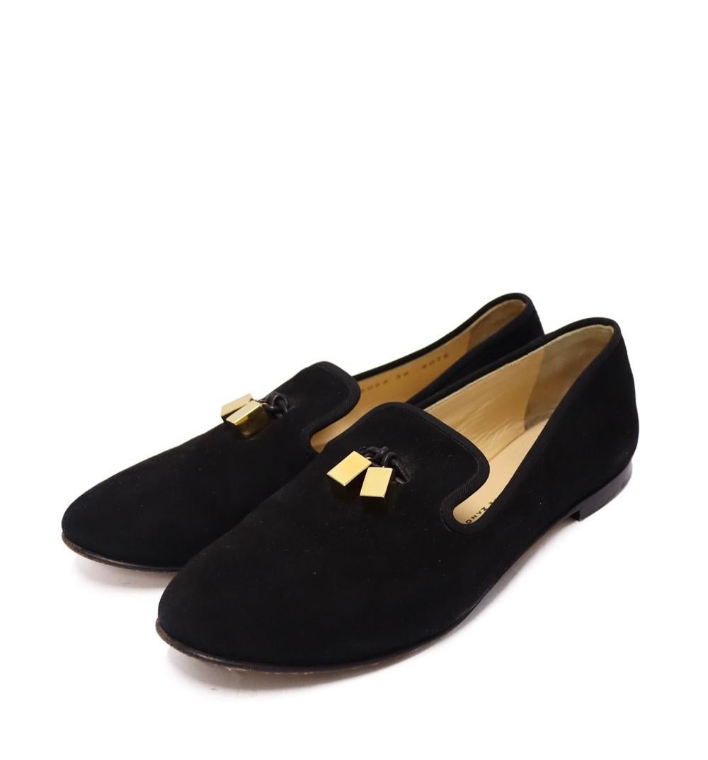 Giuseppe Zanotti Black Charm Suede Loafers, Features charm detailing, branded insole, almond toe, slip-on style and low heel.

Material: Leather
Size: EU 38 
Overall Condition: Good
Interior Condition: Signs of use
Exterior Condition: Minor suede
