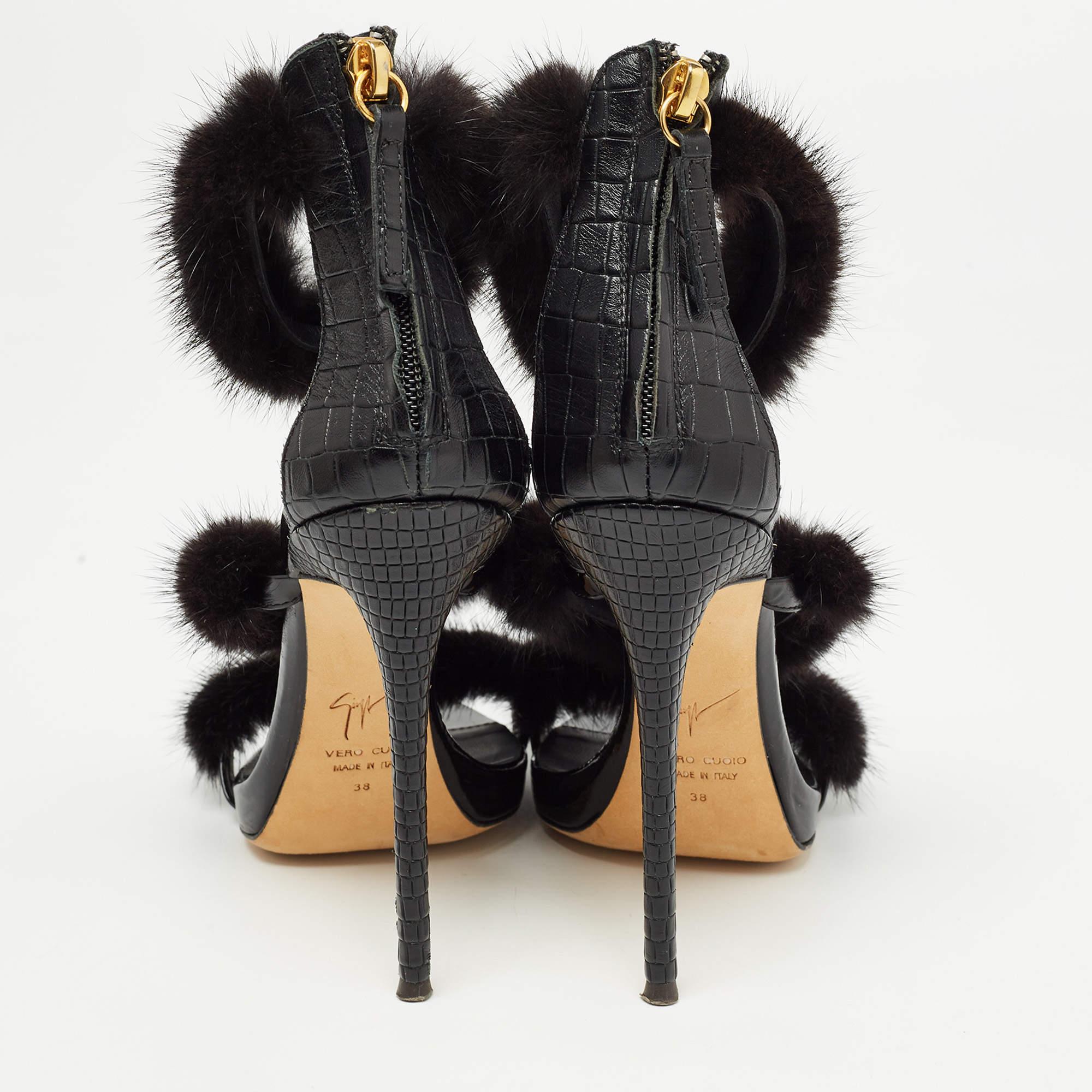Giuseppe Zanotti Black Croc Embossed and Fur Harmony Ankle Strap Sandals Size 38 For Sale 3