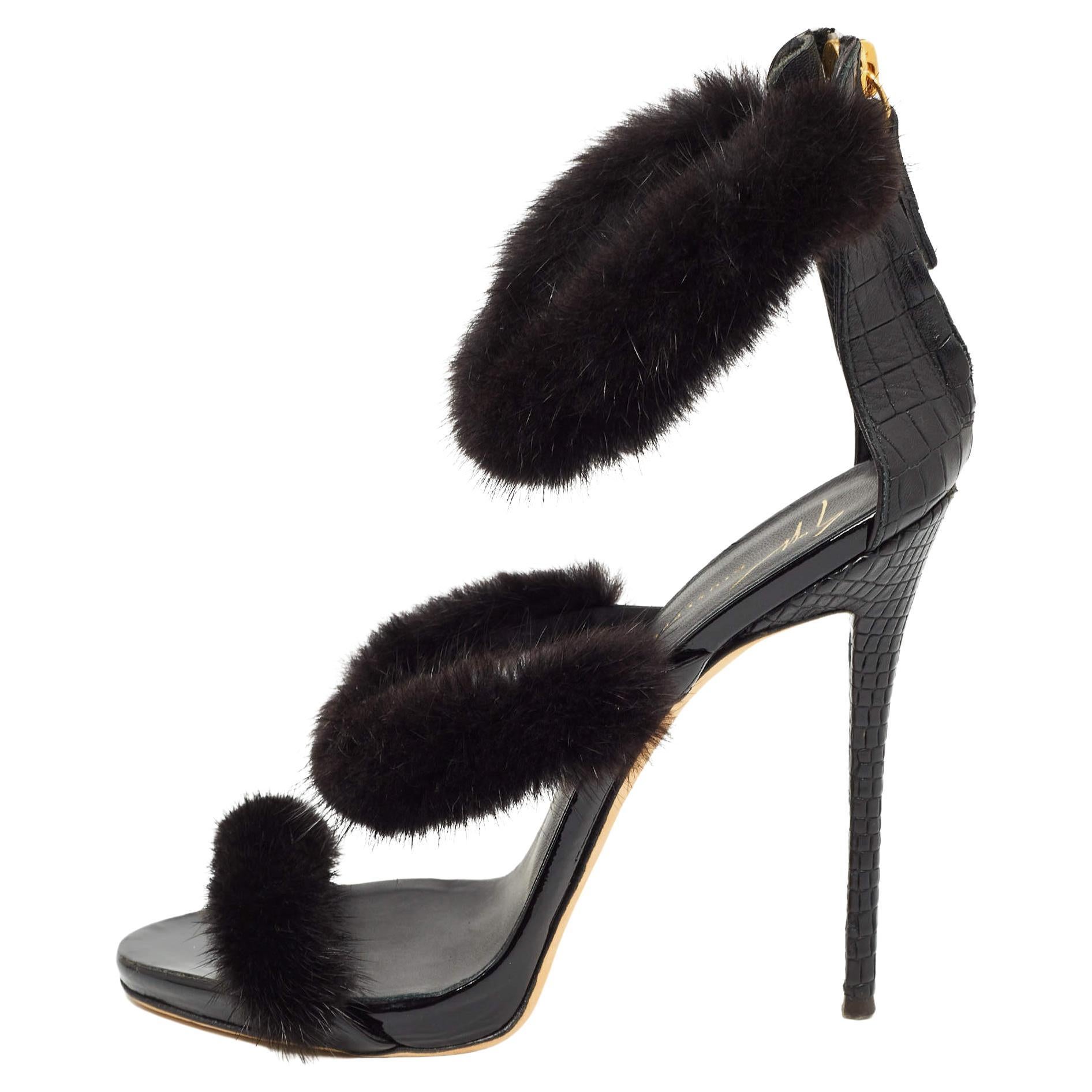 Giuseppe Zanotti Black Croc Embossed and Fur Harmony Ankle Strap Sandals Size 38 For Sale