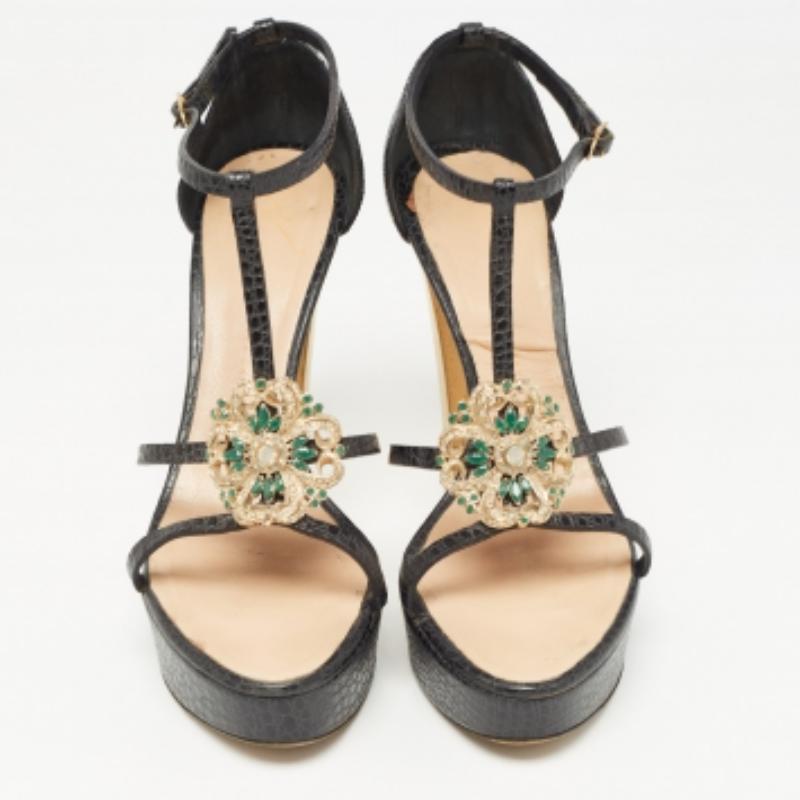 Giuseppe Zanotti Sandalias con tira al tobillo en relieve de cocodrilo negro con adornos Talla 39.5 Negro en venta