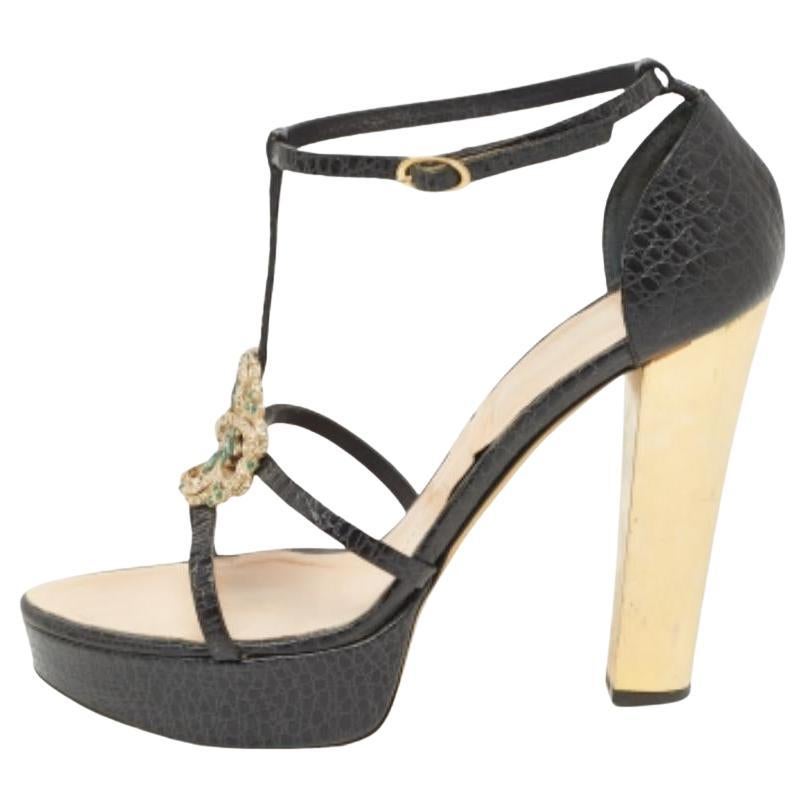 Giuseppe Zanotti Black Croc Embossed Embellished Ankle Strap Sandals Size 39.5