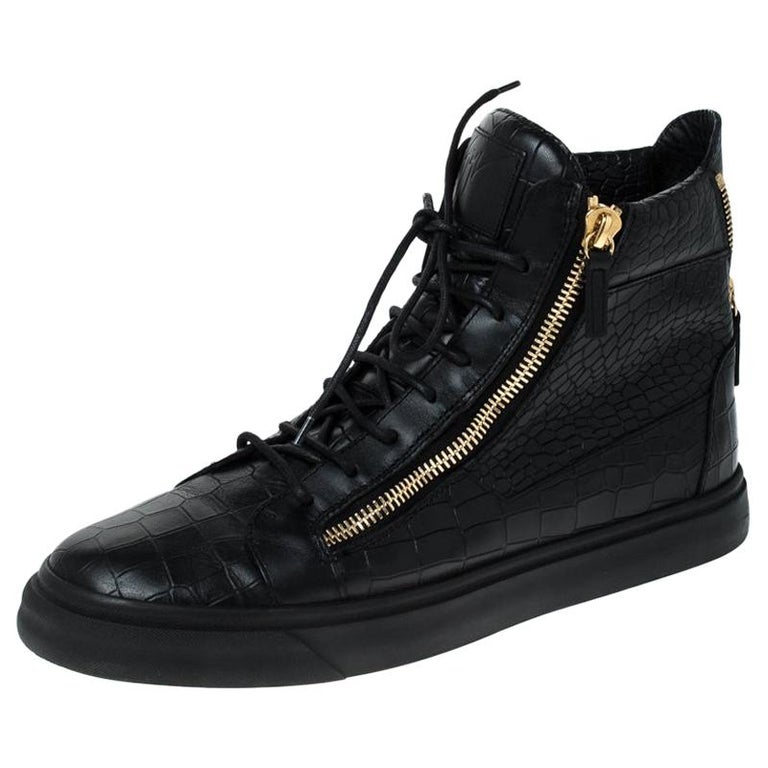Giuseppe Zanotti Black Croc Embossed Leather Double Zipper High Top Size 45  For Sale at 1stDibs