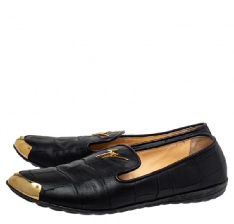 Giuseppe Zanotti Black Croc Embossed Leather Slip On Loafers Size 37.5 For Sale 1