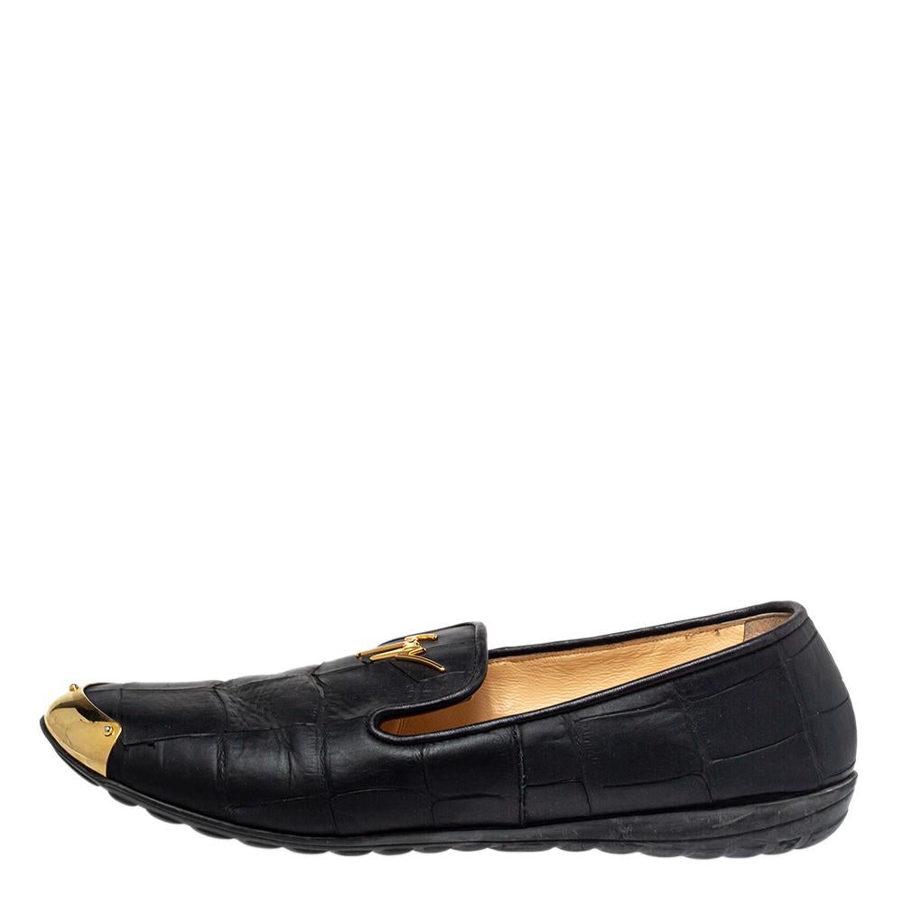 Giuseppe Zanotti Black Croc Embossed Leather Slip On Loafers Size 37.5 For Sale 1