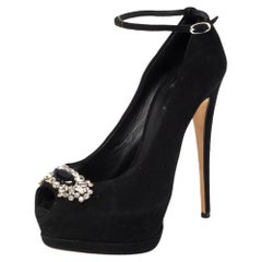 Giuseppe Zanotti Black Crystal Ankle Strap Peep Toe Platform Pumps Size 37.5