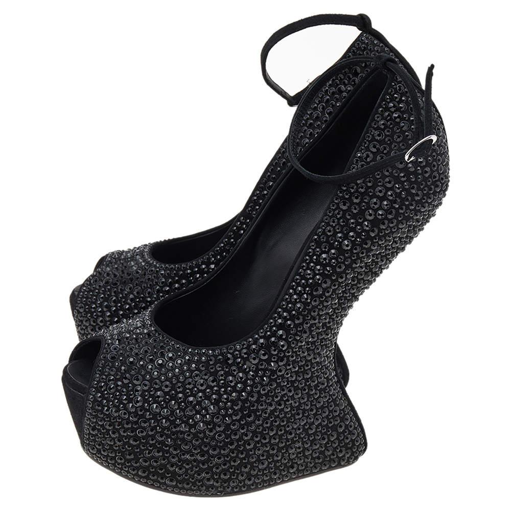 Women's Giuseppe Zanotti Black Crystal Embellished Heelless Peep Toe Pumps Size 40.5