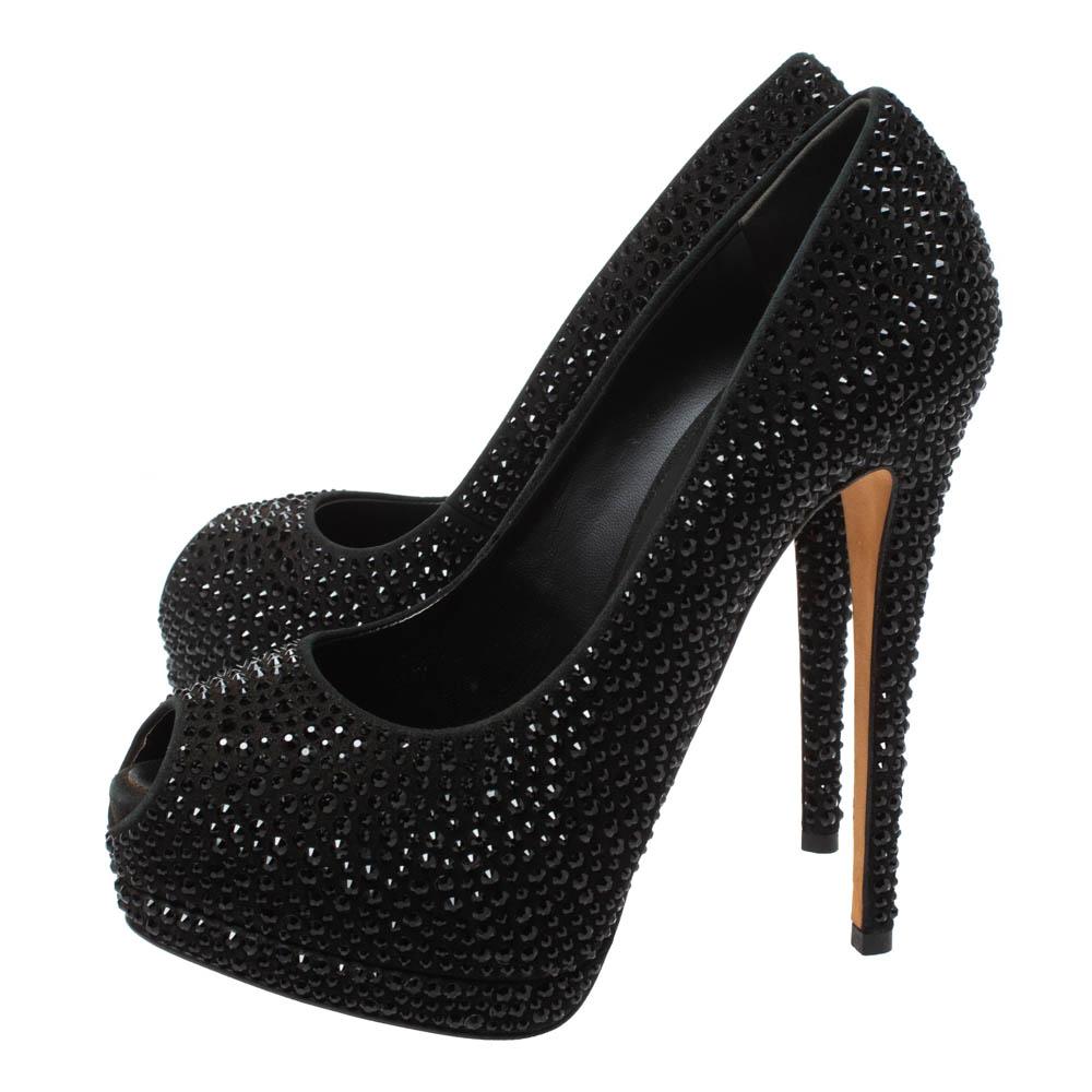 Giuseppe Zanotti Black Crystal Embellished Peep Toe Platform Pumps Size 37 In Good Condition In Dubai, Al Qouz 2