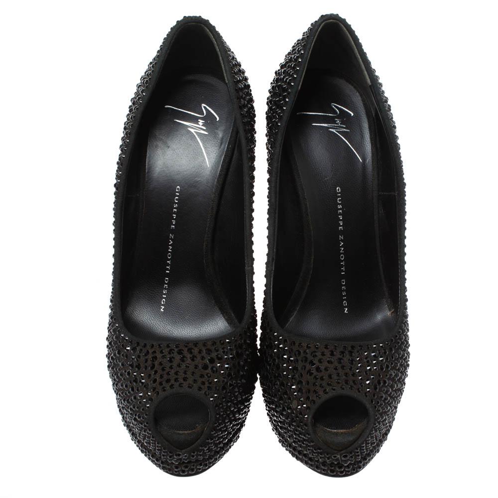 Women's Giuseppe Zanotti Black Crystal Embellished Peep Toe Platform Pumps Size 37