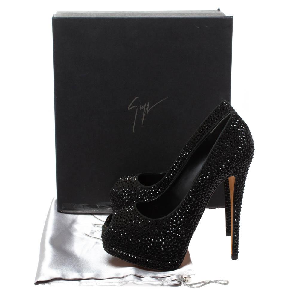 Giuseppe Zanotti Black Crystal Embellished Peep Toe Platform Pumps Size 37 2