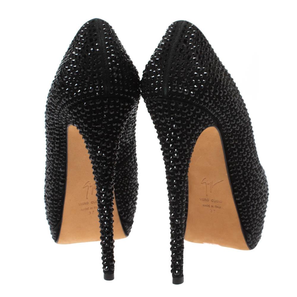 Giuseppe Zanotti Black Crystal Embellished Peep Toe Platform Pumps Size 37 4