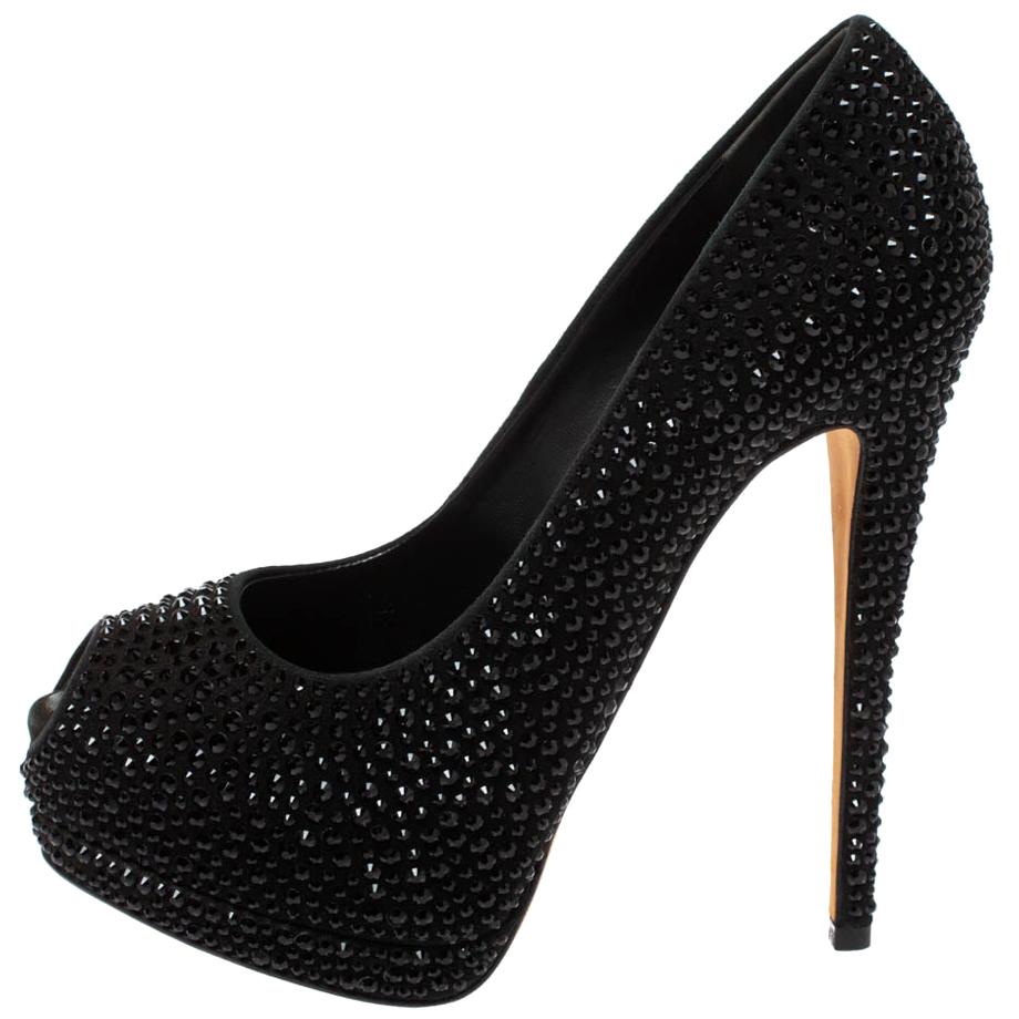 Giuseppe Zanotti Black Crystal Embellished Peep Toe Platform Pumps Size 37