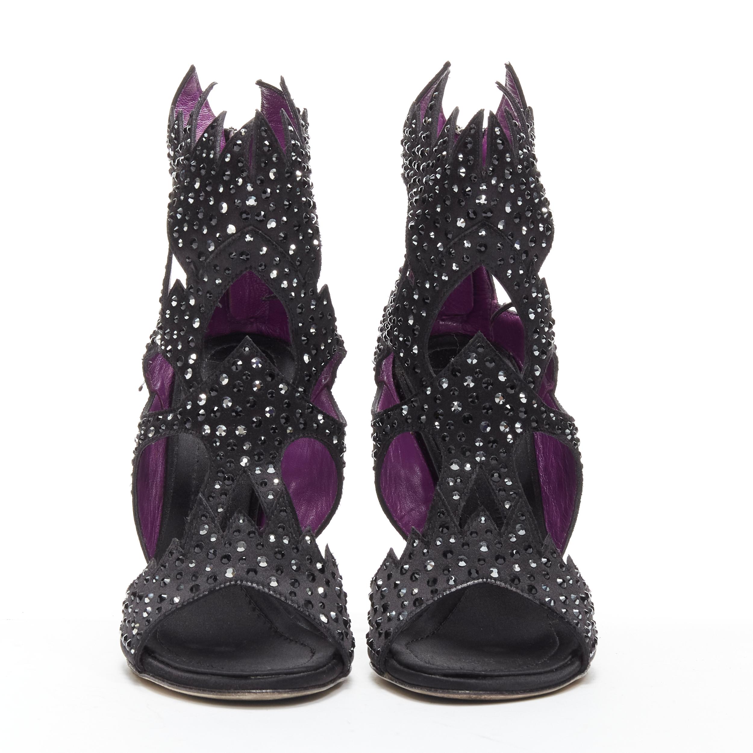 Black GIUSEPPE ZANOTTI black crystal embellished satin cutout sandals heels EU37.5 For Sale