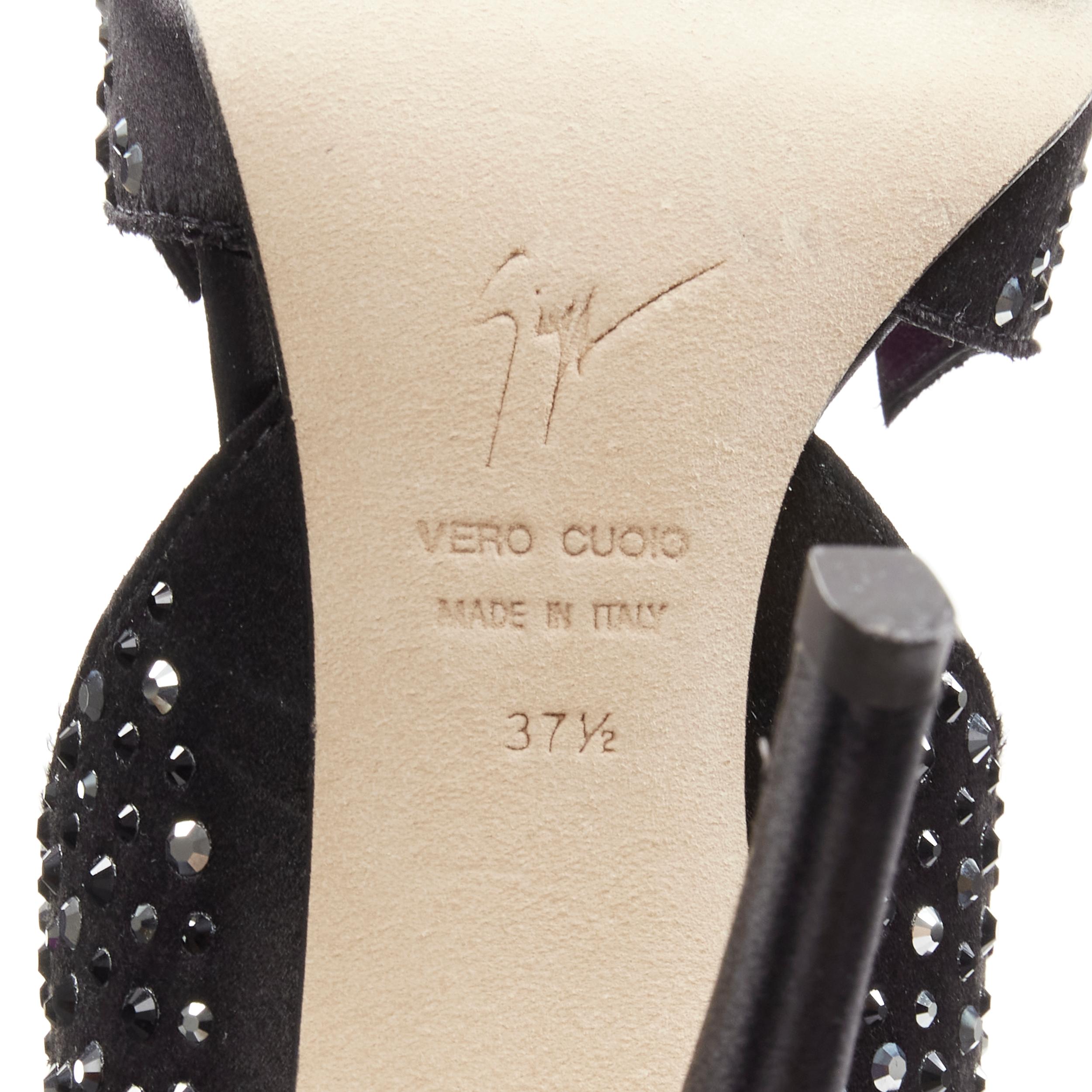 GIUSEPPE ZANOTTI black crystal satin leather lined cutout sandals heels EU37.5 6