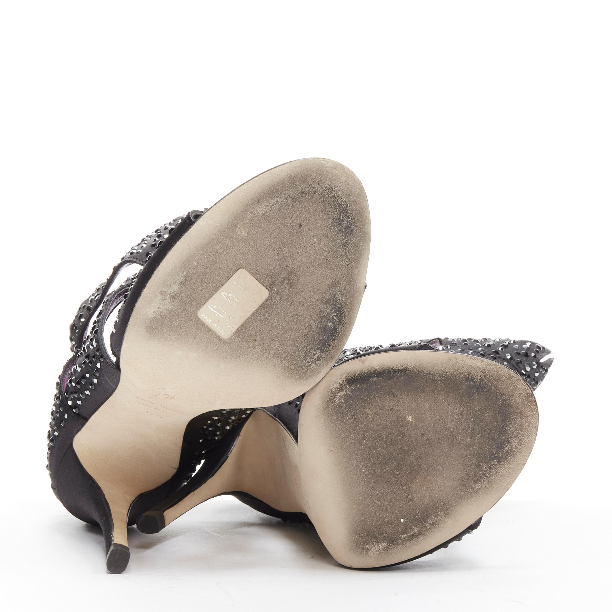 GIUSEPPE ZANOTTI black crystal satin leather lined cutout sandals heels EU37.5 For Sale 6