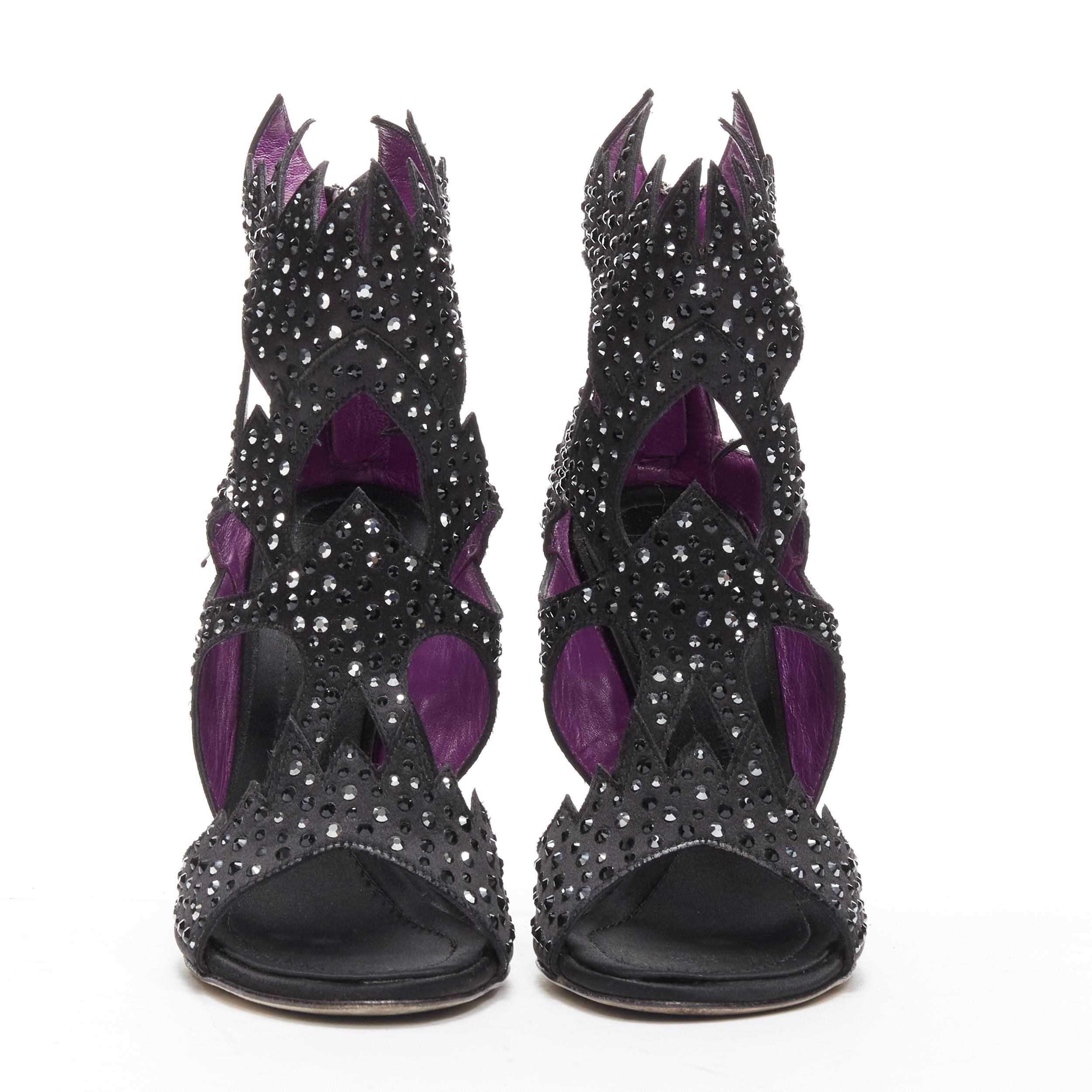 Black GIUSEPPE ZANOTTI black crystal satin leather lined cutout sandals heels EU37.5 For Sale